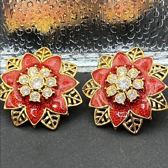 Vintage Semi-Circle Earrings with Red Floral and Gem Detail